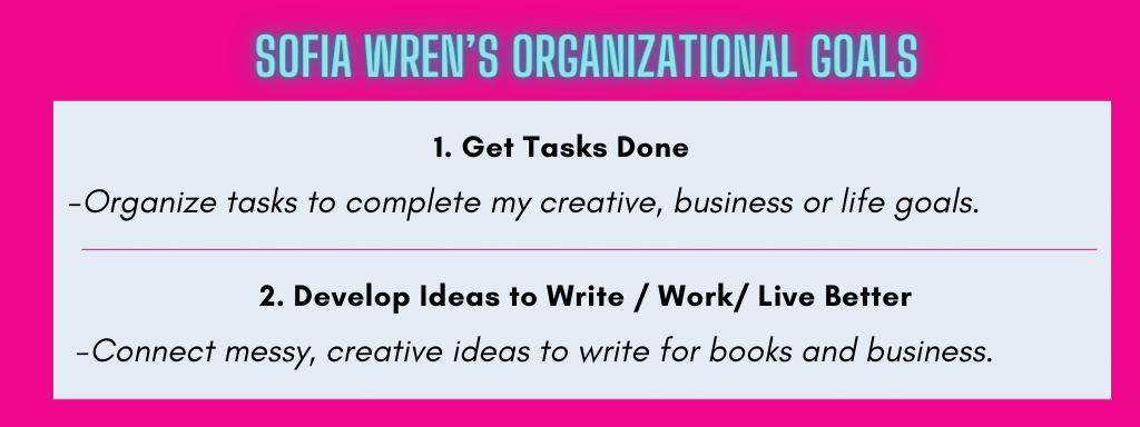 1. Organize tasks to advance my creative, business or life goals 2. Connect messy, creative ideas and long form writing across many projects